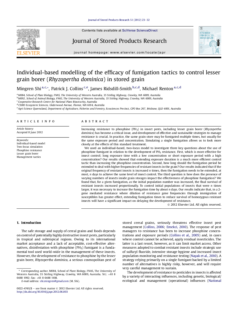 Individual-based modelling of the efficacy of fumigation tactics to control lesser grain borer (Rhyzopertha dominica) in stored grain