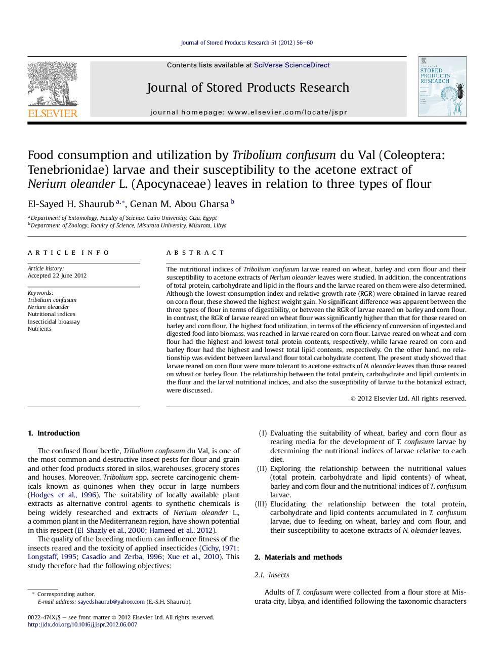 Food consumption and utilization by Tribolium confusum du Val (Coleoptera: Tenebrionidae) larvae and their susceptibility to the acetone extract of Nerium oleander L. (Apocynaceae) leaves in relation to three types of flour