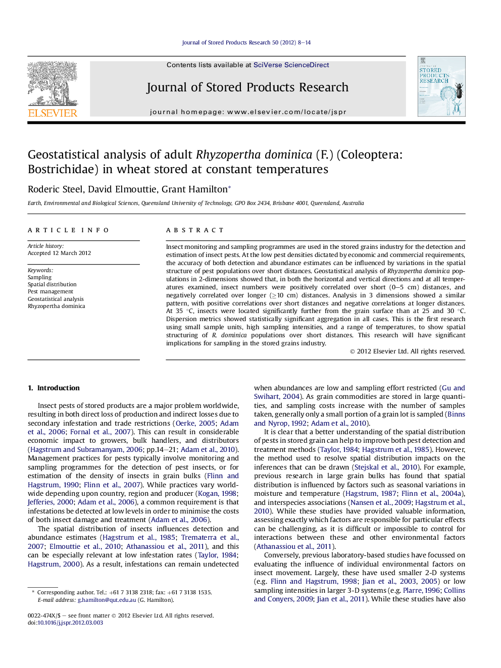 Geostatistical analysis of adult Rhyzopertha dominica (F.) (Coleoptera: Bostrichidae) in wheat stored at constant temperatures