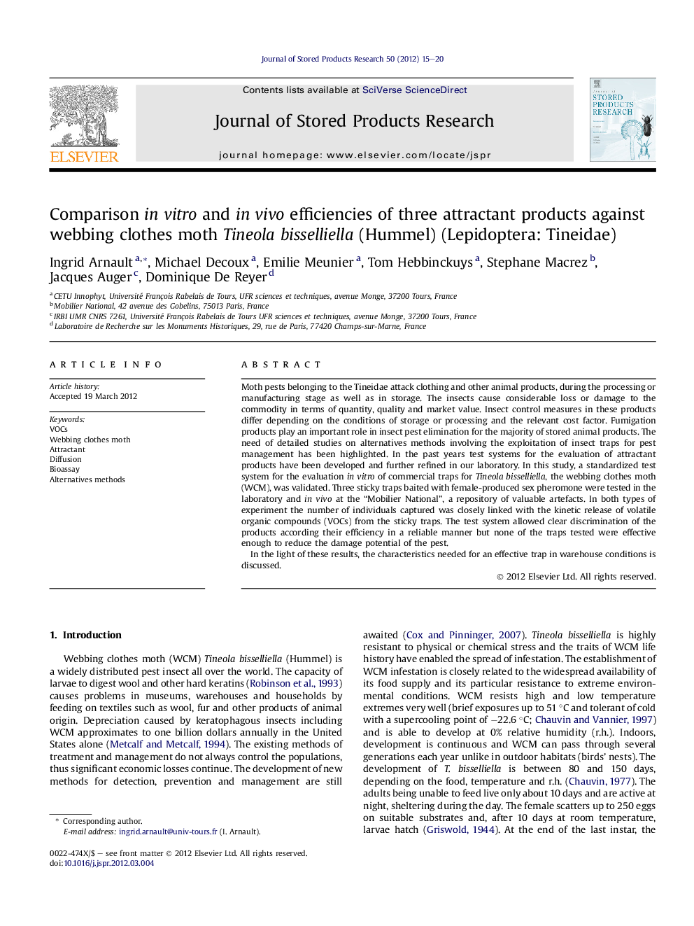 Comparison in vitro and in vivo efficiencies of three attractant products against webbing clothes moth Tineola bisselliella (Hummel) (Lepidoptera: Tineidae)