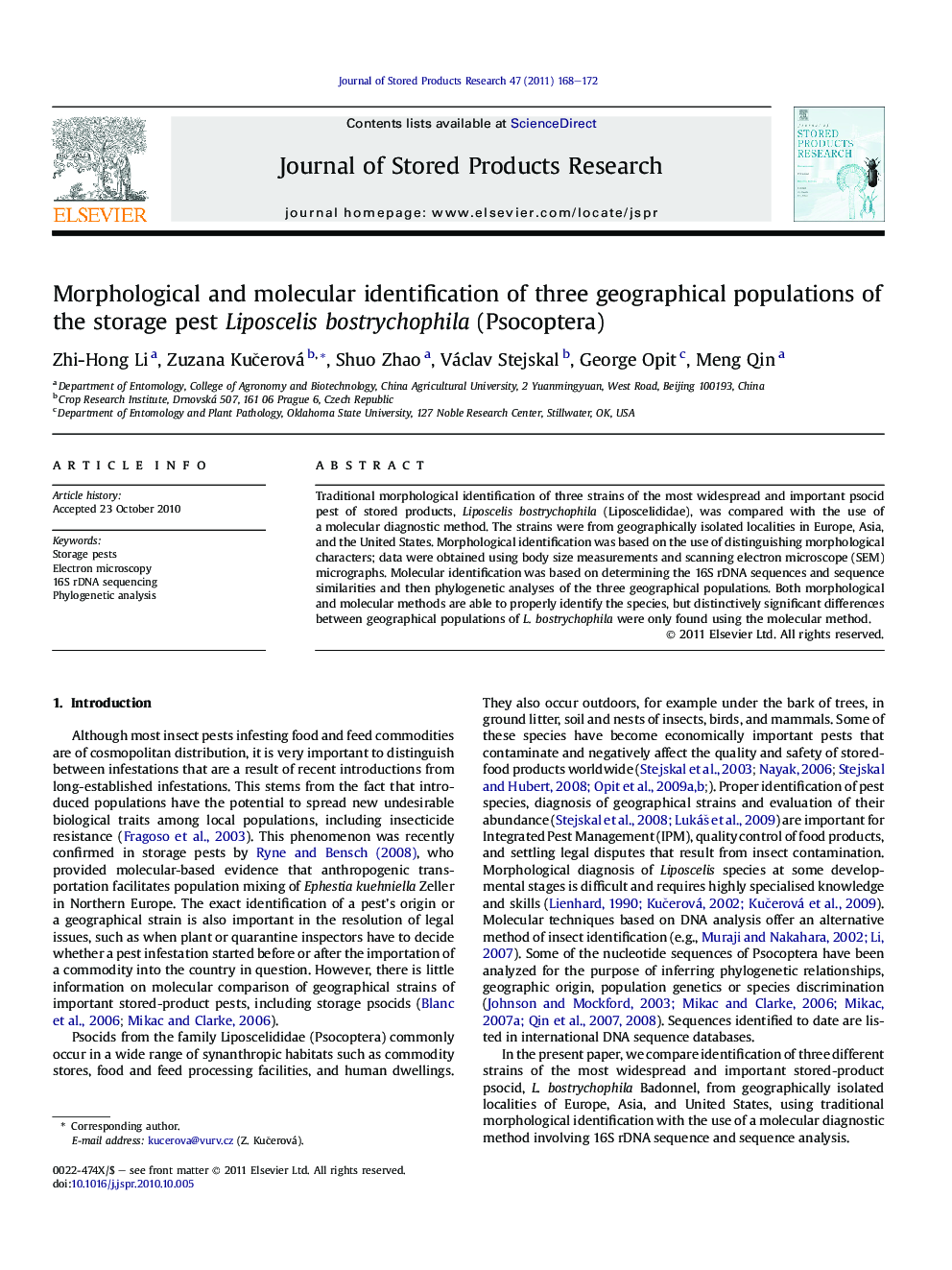 Morphological and molecular identification of three geographical populations of the storage pest Liposcelis bostrychophila (Psocoptera)