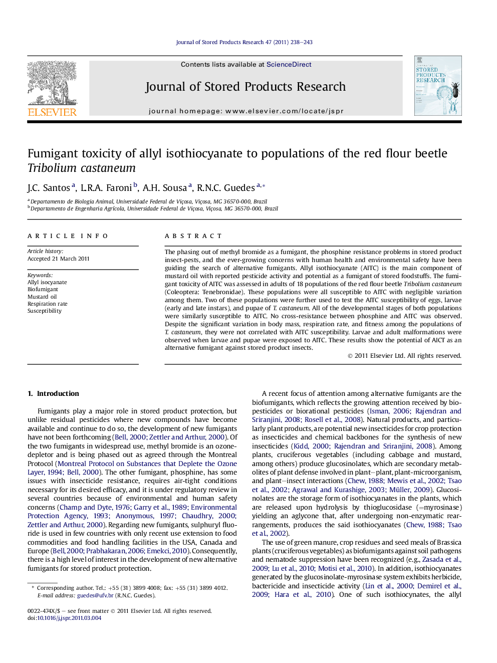 Fumigant toxicity of allyl isothiocyanate to populations of the red flour beetle Tribolium castaneum