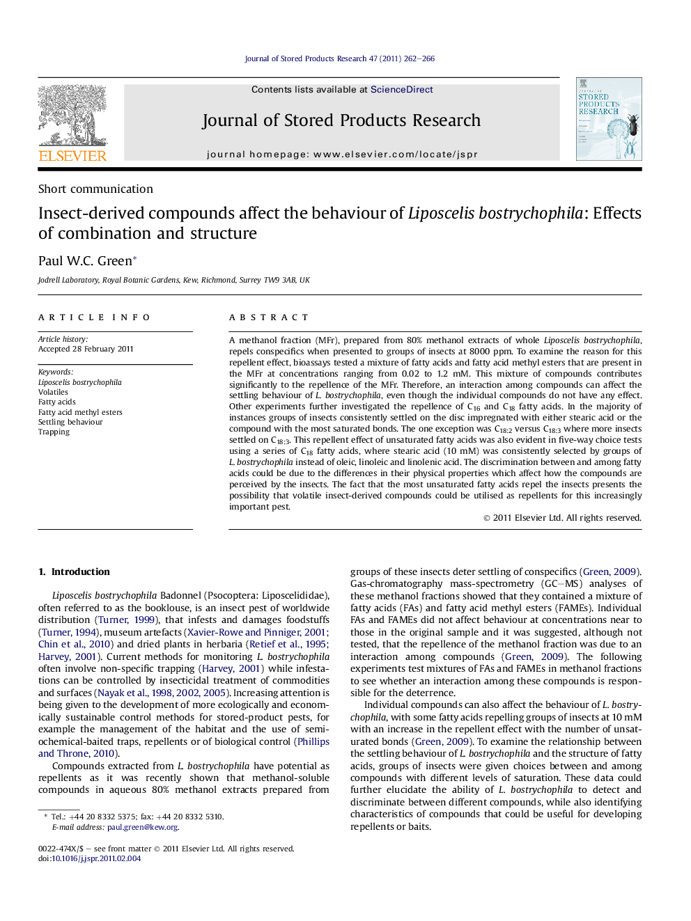 Insect-derived compounds affect the behaviour of Liposcelis bostrychophila: Effects of combination and structure