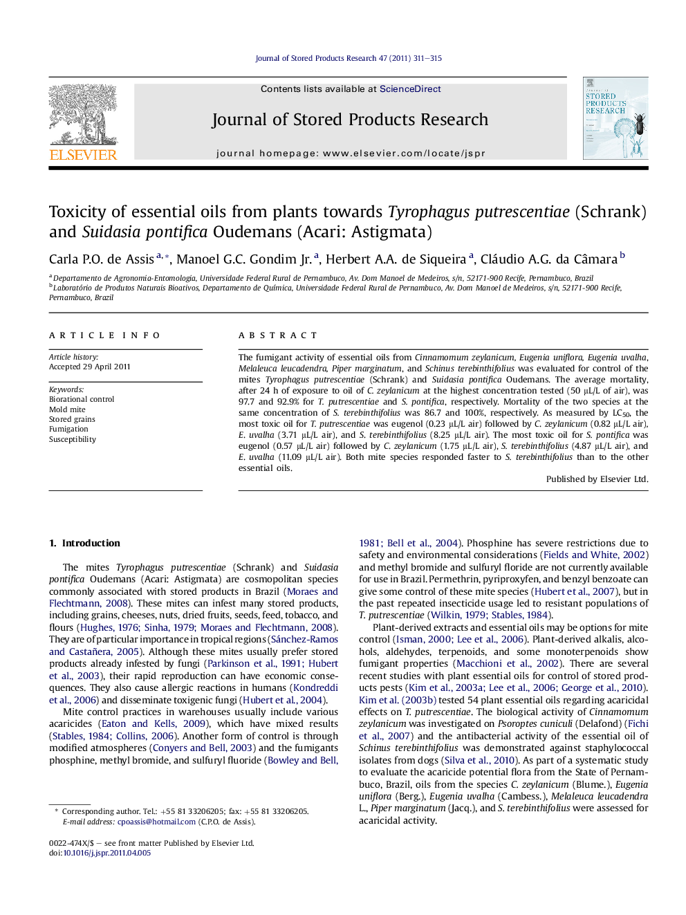 Toxicity of essential oils from plants towards Tyrophagus putrescentiae (Schrank) and Suidasia pontifica Oudemans (Acari: Astigmata)