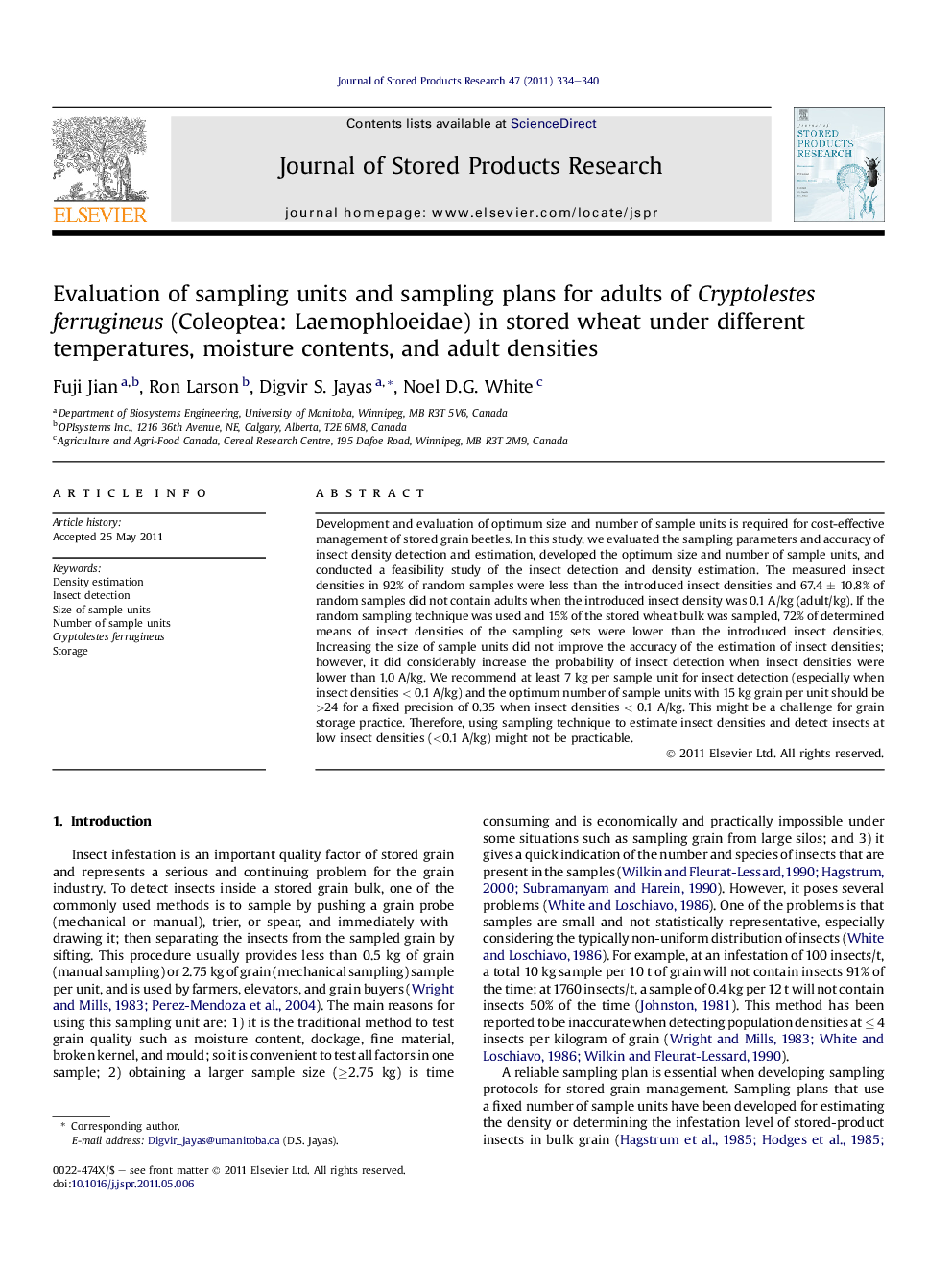 Evaluation of sampling units and sampling plans for adults of Cryptolestes ferrugineus (Coleoptea: Laemophloeidae) in stored wheat under different temperatures, moisture contents, and adult densities