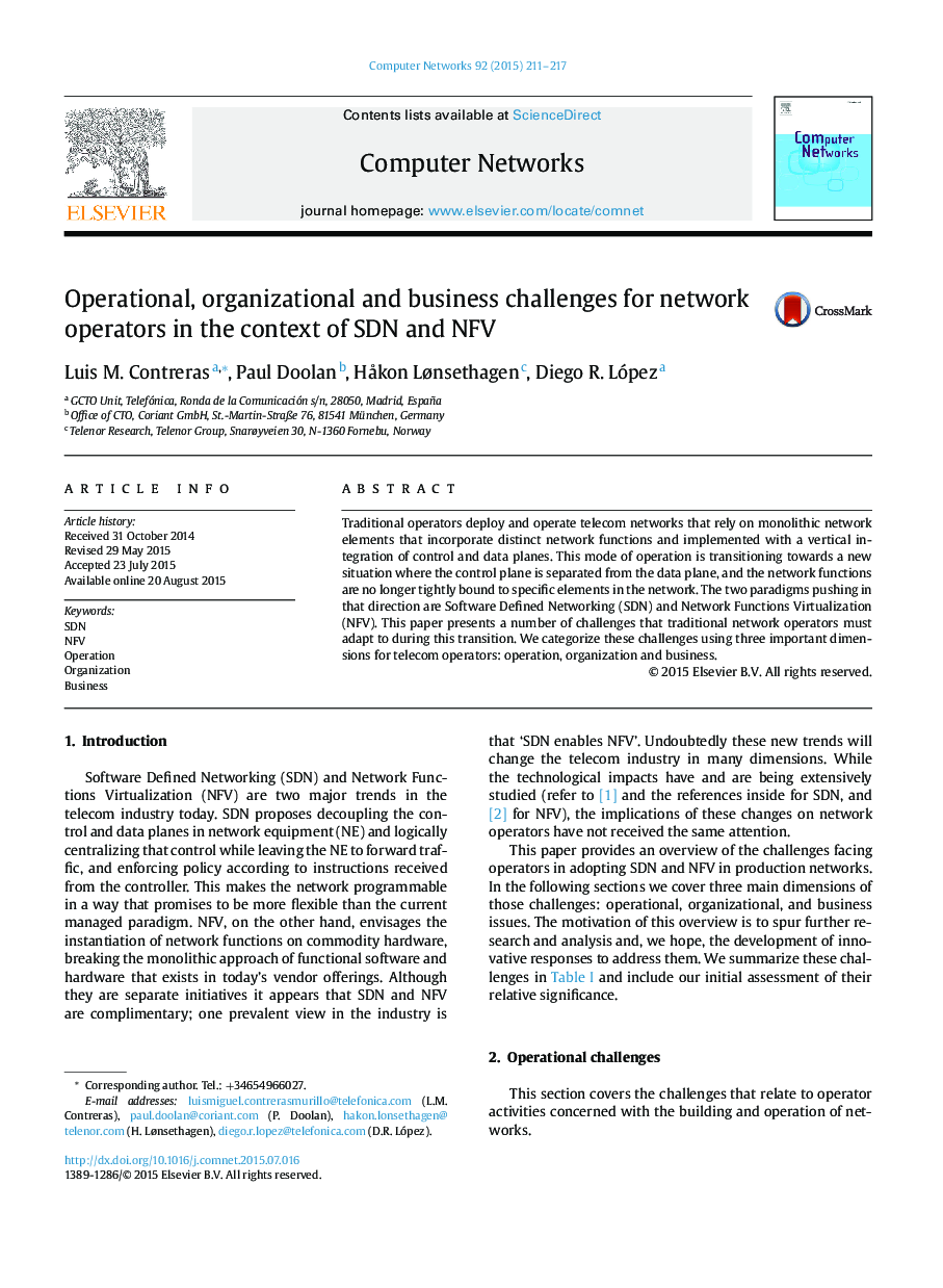 Operational, organizational and business challenges for network operators in the context of SDN and NFV