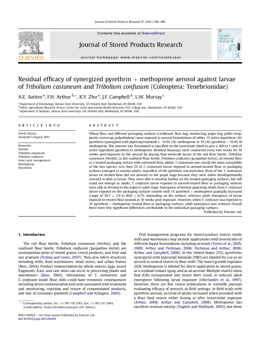 Residual efficacy of synergized pyrethrin + methoprene aerosol against larvae of Tribolium castaneum and Tribolium confusum (Coleoptera: Tenebrionidae)