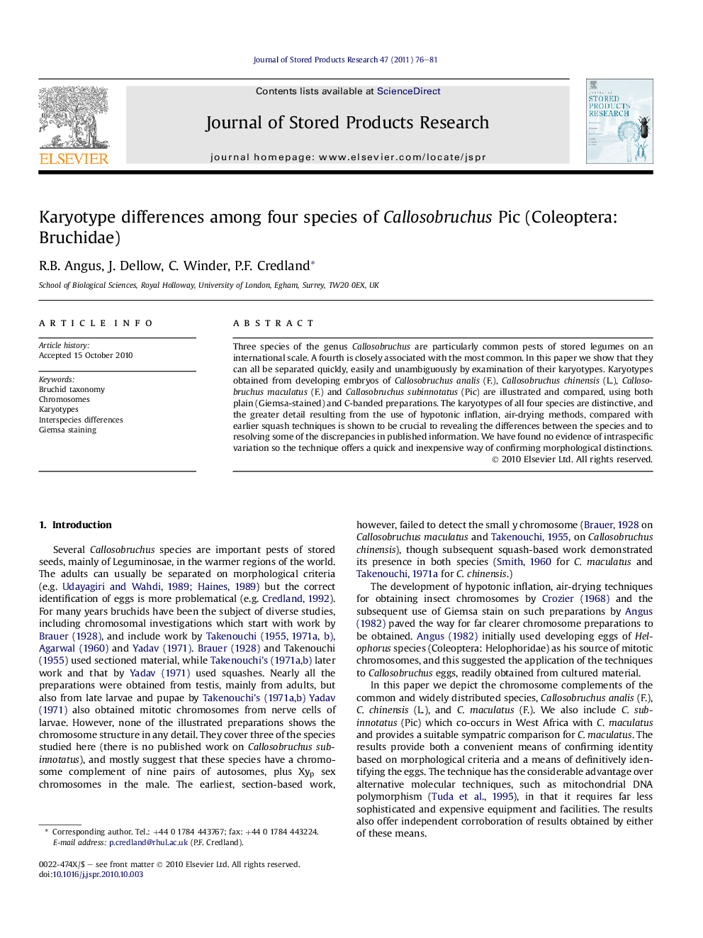 Karyotype differences among four species of Callosobruchus Pic (Coleoptera: Bruchidae)