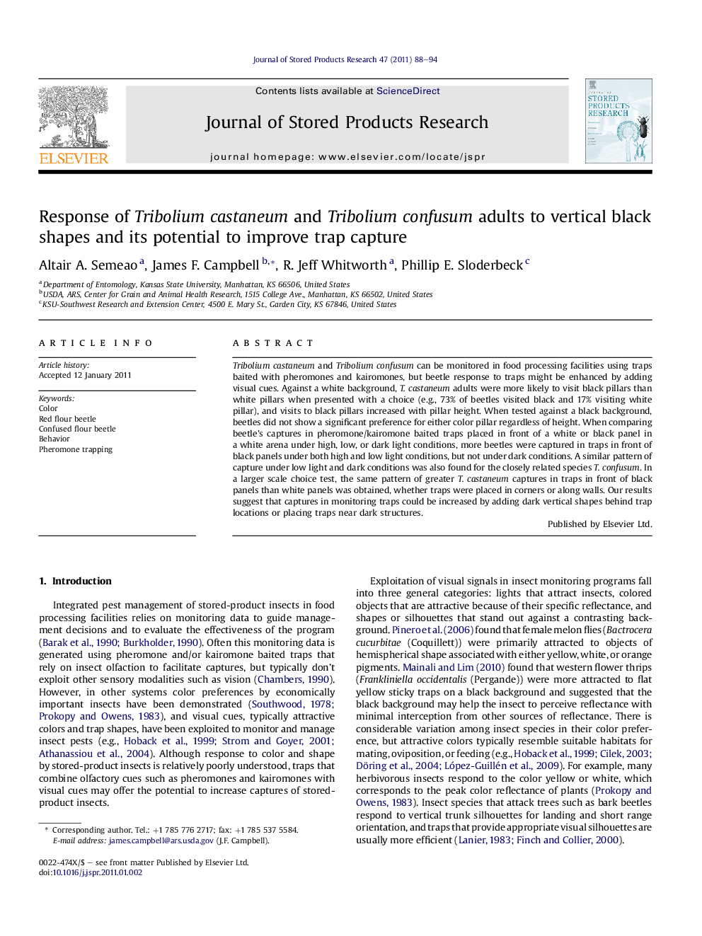 Response of Tribolium castaneum and Tribolium confusum adults to vertical black shapes and its potential to improve trap capture