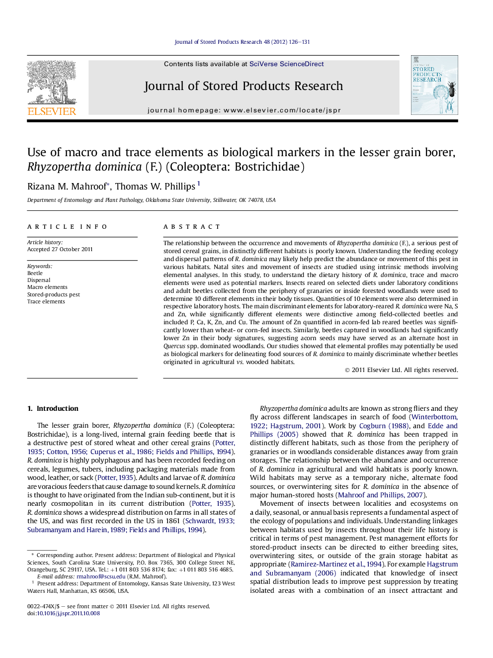 Use of macro and trace elements as biological markers in the lesser grain borer, Rhyzopertha dominica (F.) (Coleoptera: Bostrichidae)