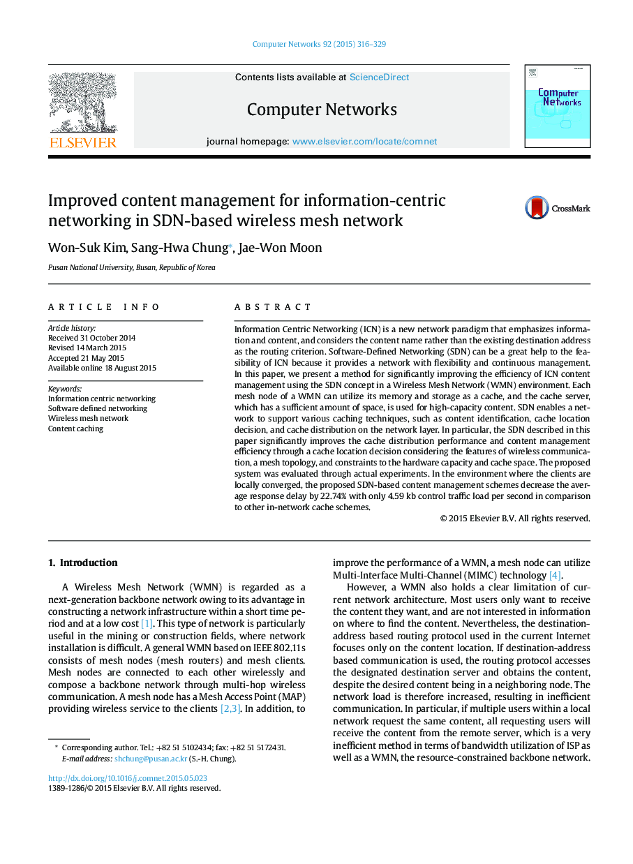 Improved content management for information-centric networking in SDN-based wireless mesh network