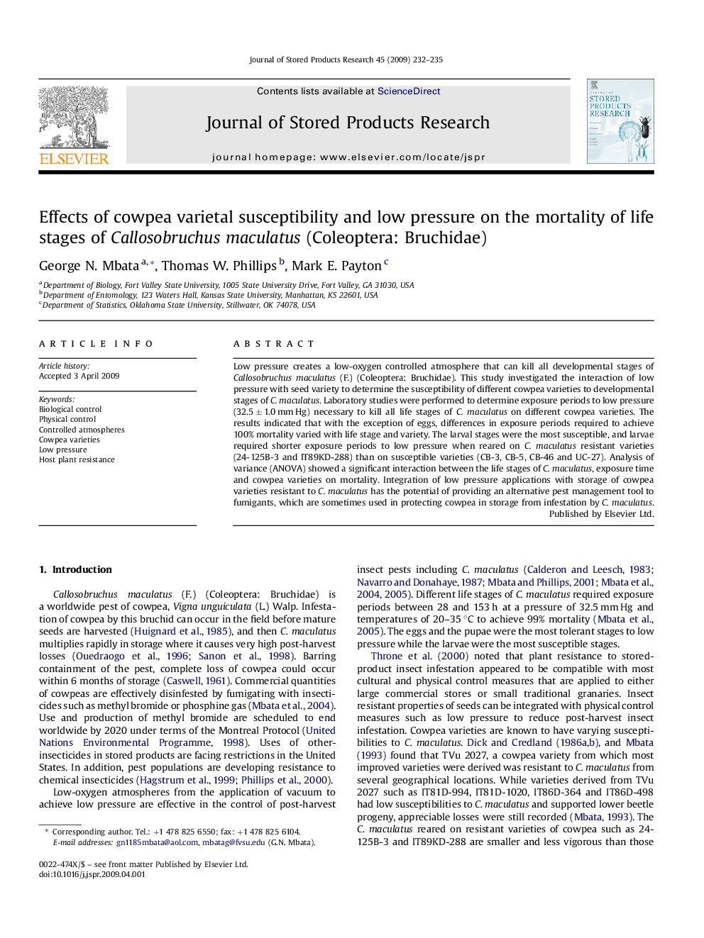 Effects of cowpea varietal susceptibility and low pressure on the mortality of life stages of Callosobruchus maculatus (Coleoptera: Bruchidae)