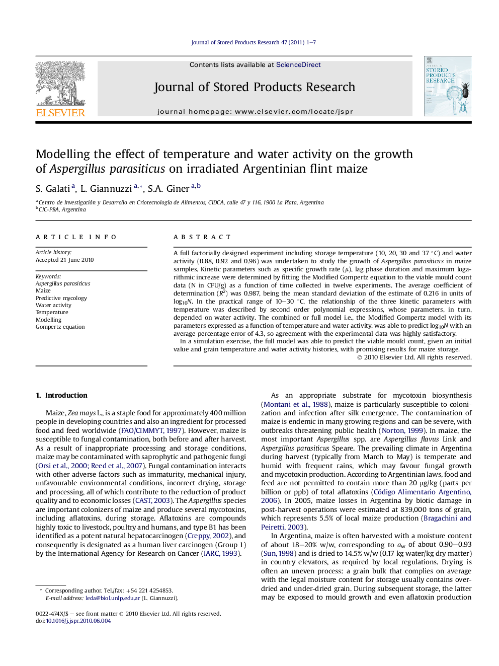 Modelling the effect of temperature and water activity on the growth of Aspergillus parasiticus on irradiated Argentinian flint maize