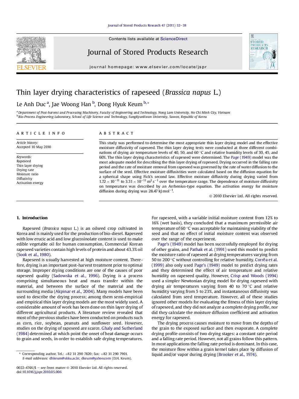 Thin layer drying characteristics of rapeseed (Brassica napus L.)