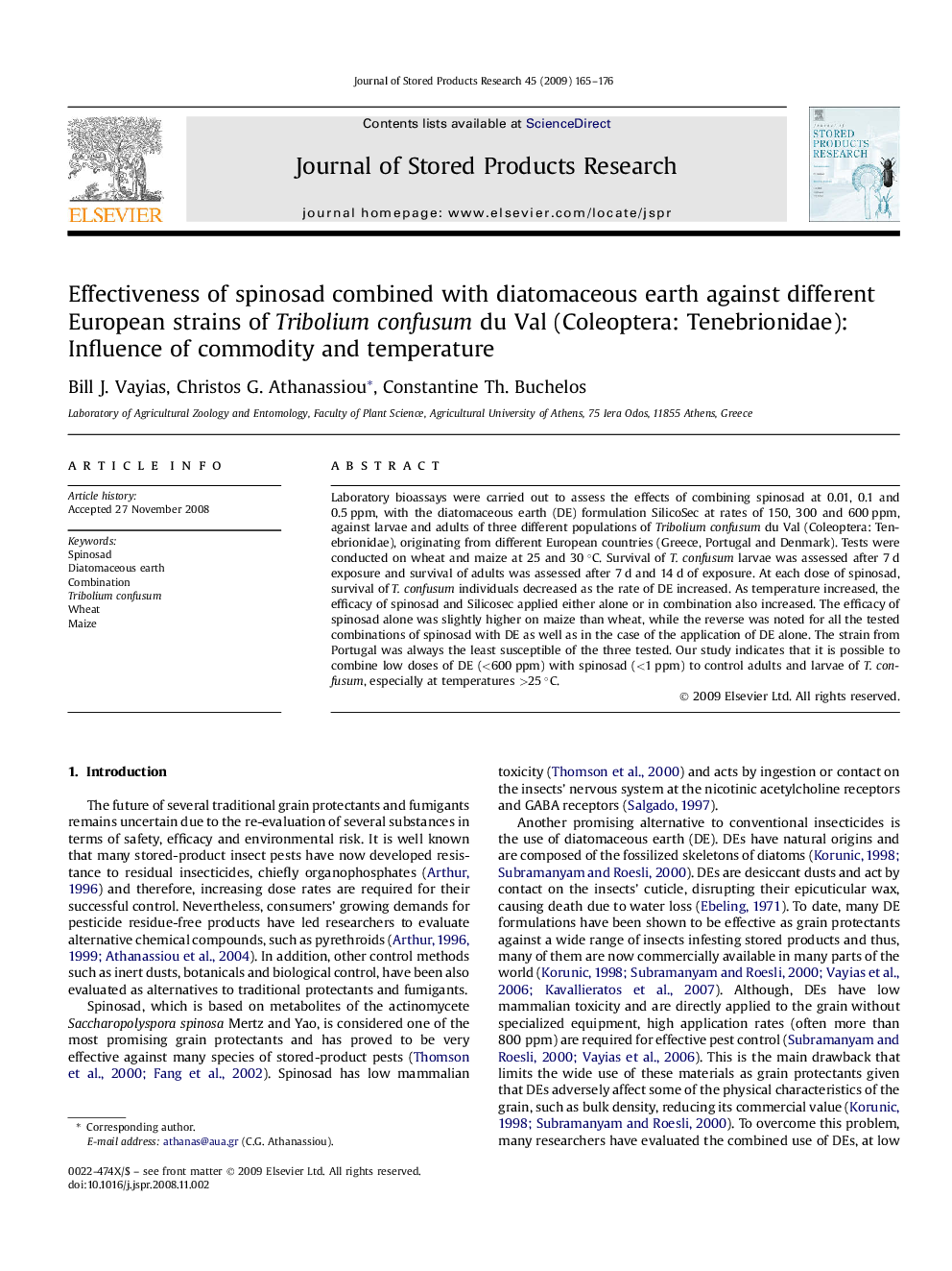 Effectiveness of spinosad combined with diatomaceous earth against different European strains of Tribolium confusum du Val (Coleoptera: Tenebrionidae): Influence of commodity and temperature