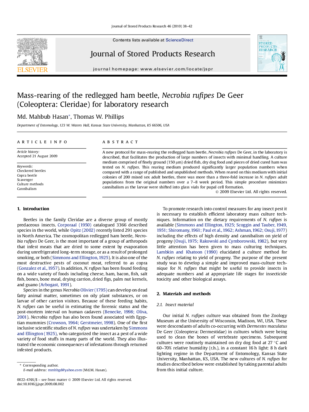 Mass-rearing of the redlegged ham beetle, Necrobia rufipes De Geer (Coleoptera: Cleridae) for laboratory research