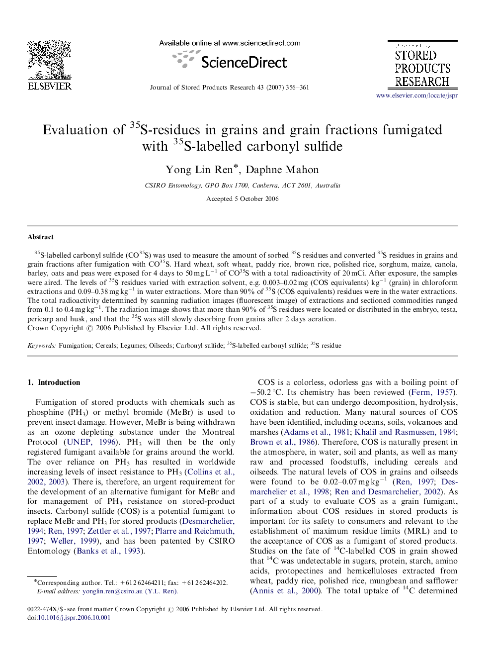 Evaluation of 35S-residues in grains and grain fractions fumigated with 35S-labelled carbonyl sulfide