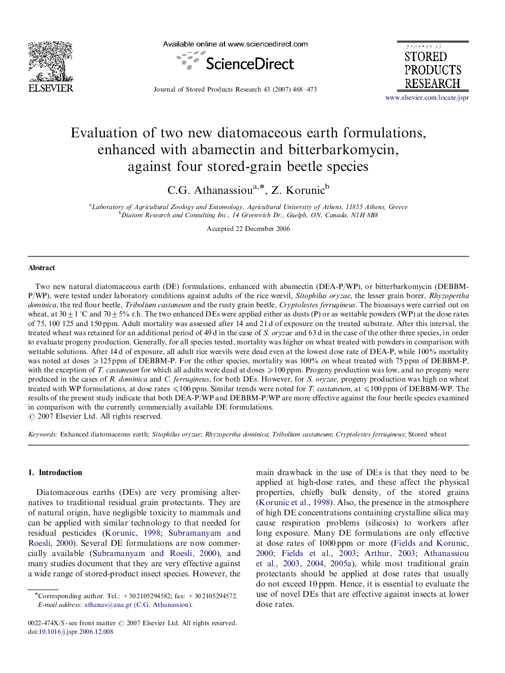 Evaluation of two new diatomaceous earth formulations, enhanced with abamectin and bitterbarkomycin, against four stored-grain beetle species