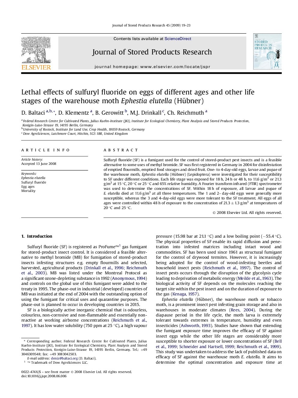 Lethal effects of sulfuryl fluoride on eggs of different ages and other life stages of the warehouse moth Ephestia elutella (Hübner)