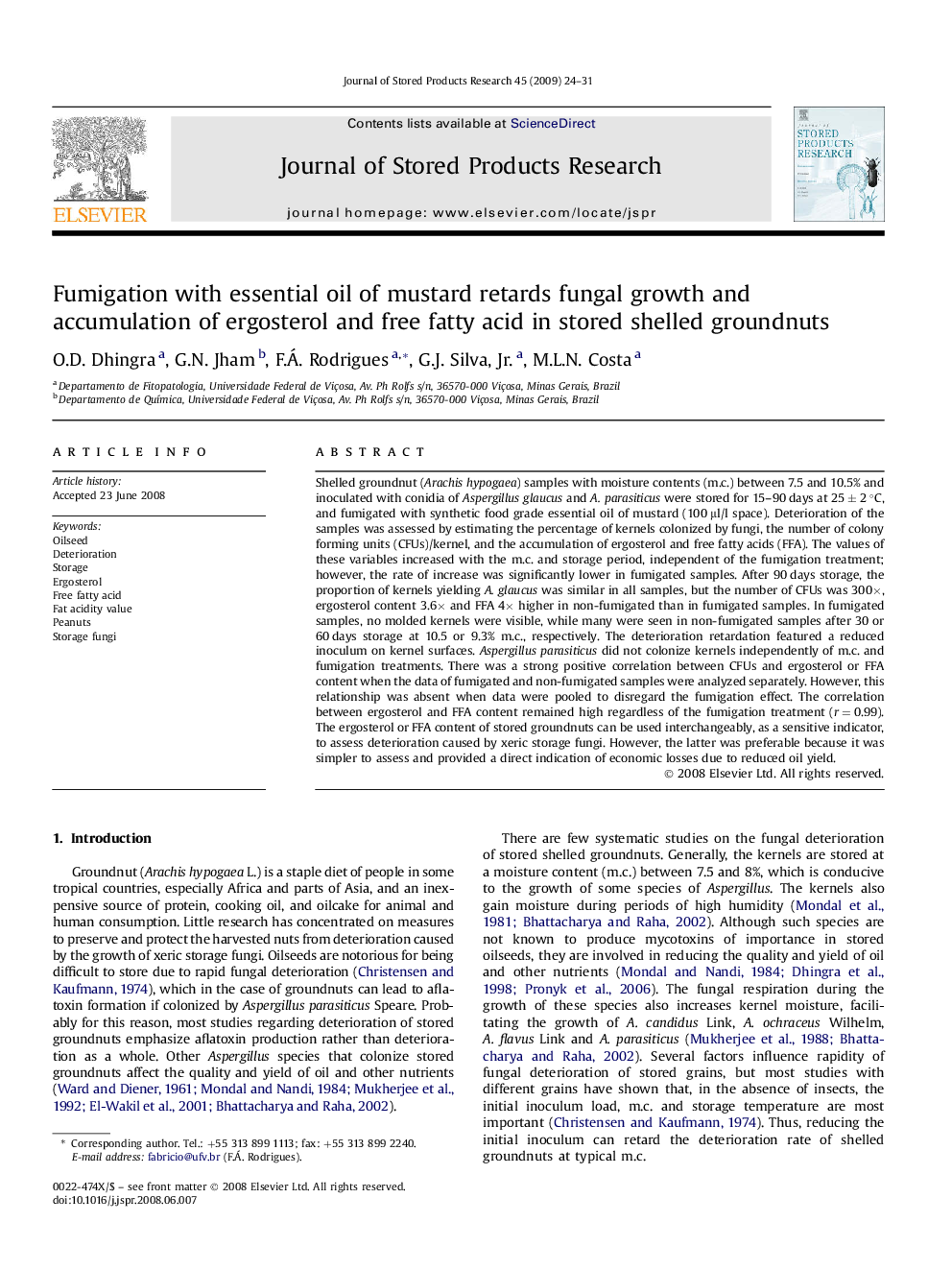 Fumigation with essential oil of mustard retards fungal growth and accumulation of ergosterol and free fatty acid in stored shelled groundnuts