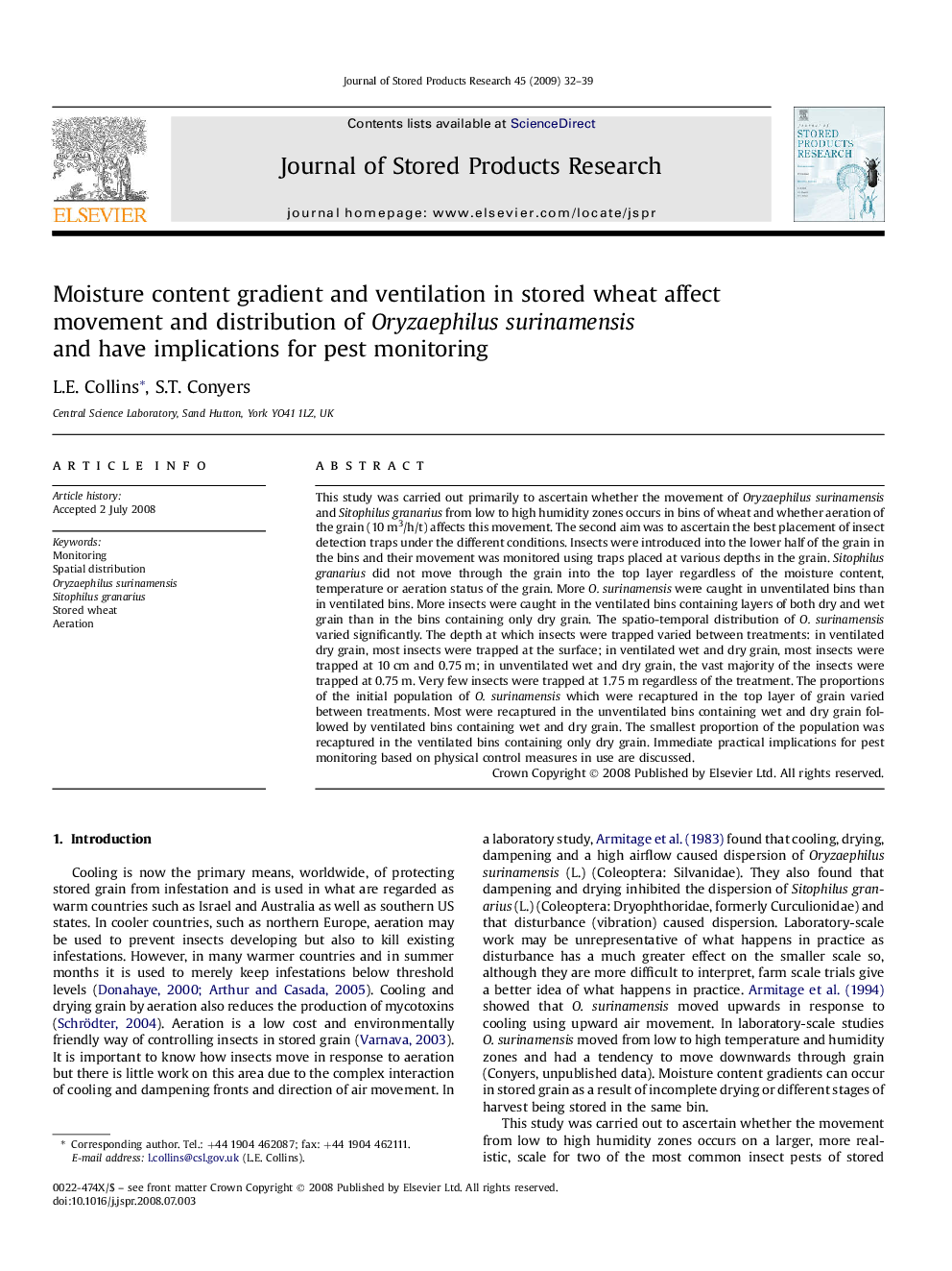 Moisture content gradient and ventilation in stored wheat affect movement and distribution of Oryzaephilus surinamensis and have implications for pest monitoring