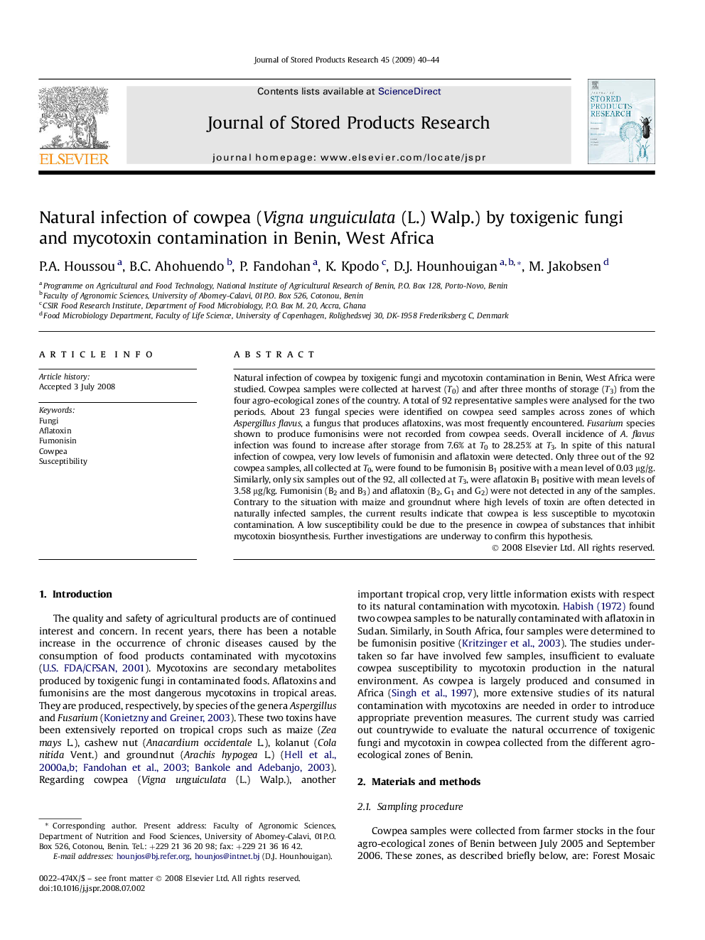 Natural infection of cowpea (Vigna unguiculata (L.) Walp.) by toxigenic fungi and mycotoxin contamination in Benin, West Africa