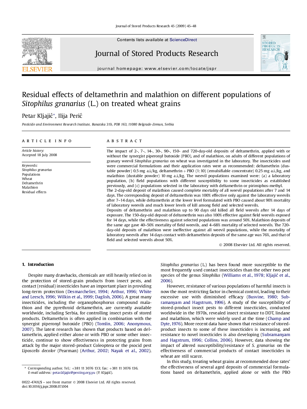 Residual effects of deltamethrin and malathion on different populations of Sitophilus granarius (L.) on treated wheat grains