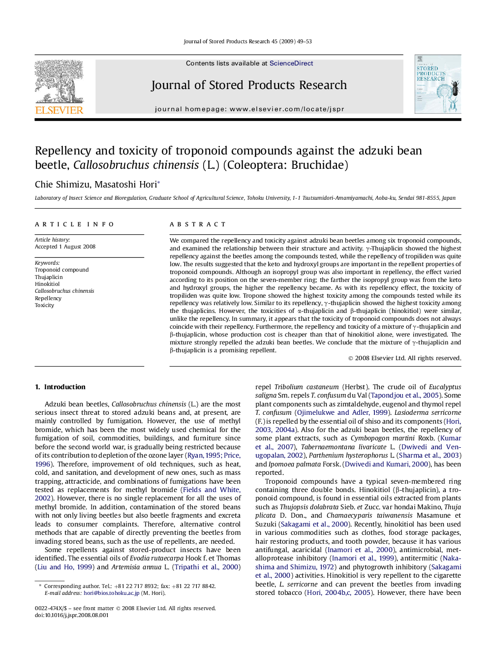 Repellency and toxicity of troponoid compounds against the adzuki bean beetle, Callosobruchus chinensis (L.) (Coleoptera: Bruchidae)