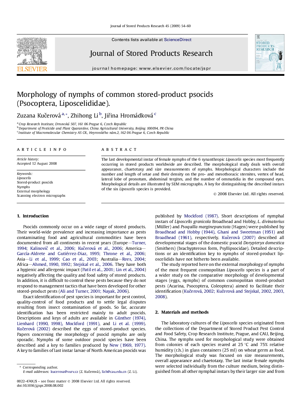 Morphology of nymphs of common stored-product psocids (Psocoptera, Liposcelididae).