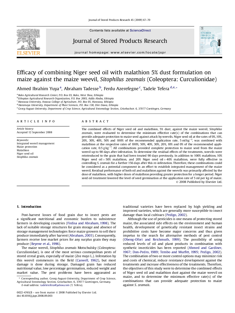 Efficacy of combining Niger seed oil with malathion 5% dust formulation on maize against the maize weevil, Sitophilus zeamais (Coleoptera: Curculionidae)