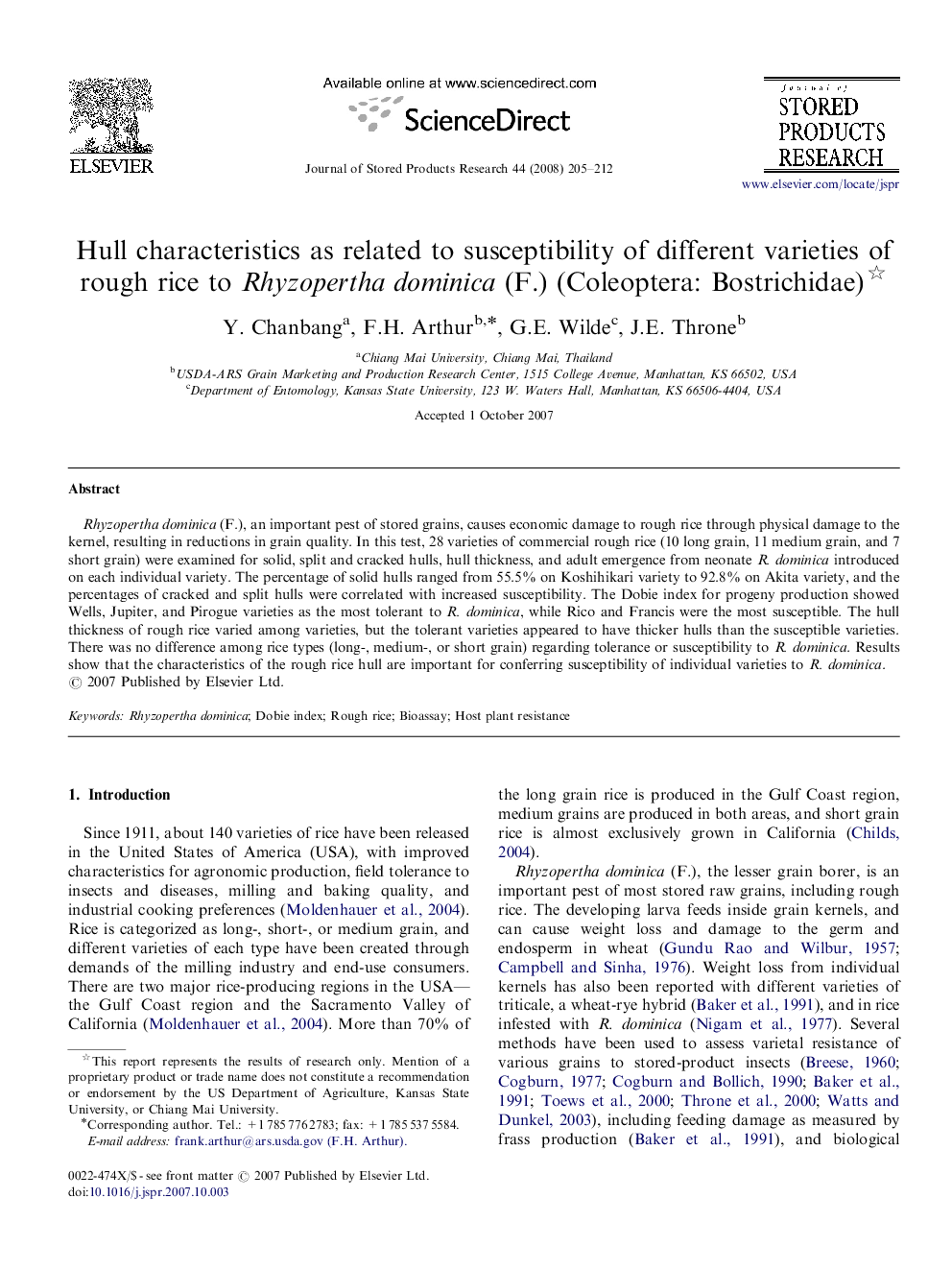 Hull characteristics as related to susceptibility of different varieties of rough rice to Rhyzopertha dominica (F.) (Coleoptera: Bostrichidae) 