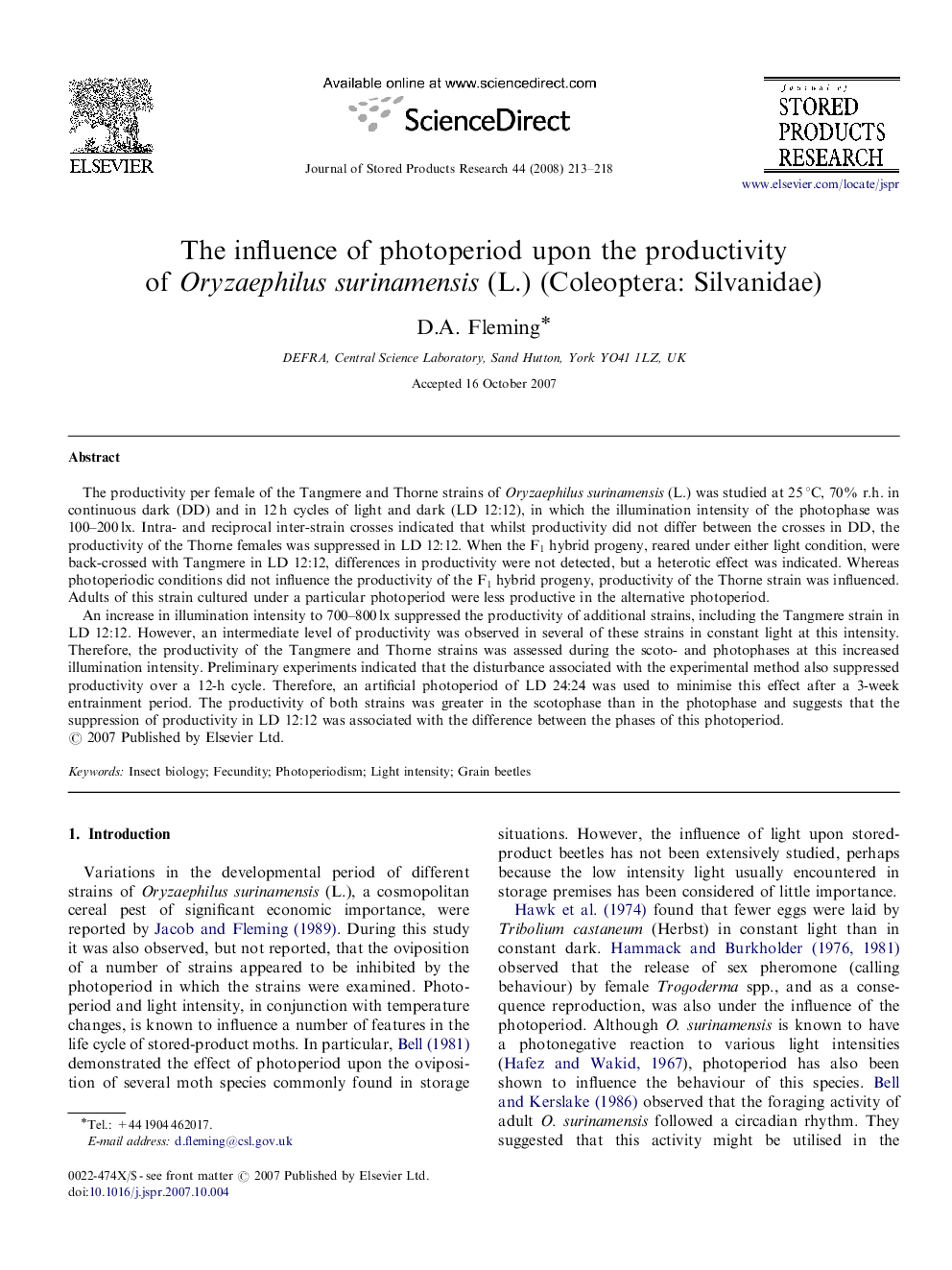 The influence of photoperiod upon the productivity of Oryzaephilus surinamensis (L.) (Coleoptera: Silvanidae)