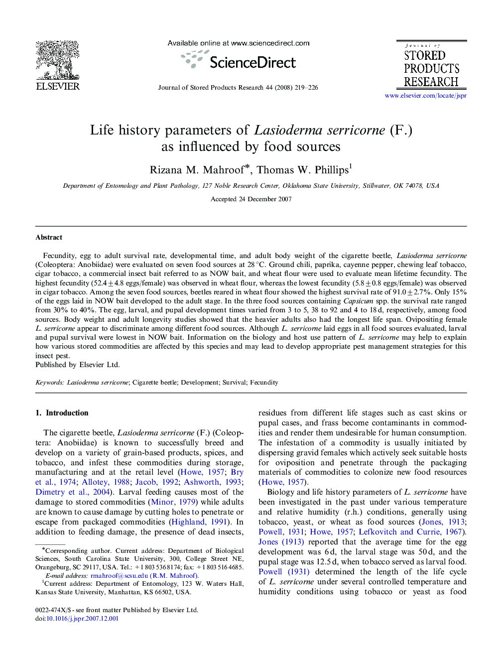 Life history parameters of Lasioderma serricorne (F.) as influenced by food sources