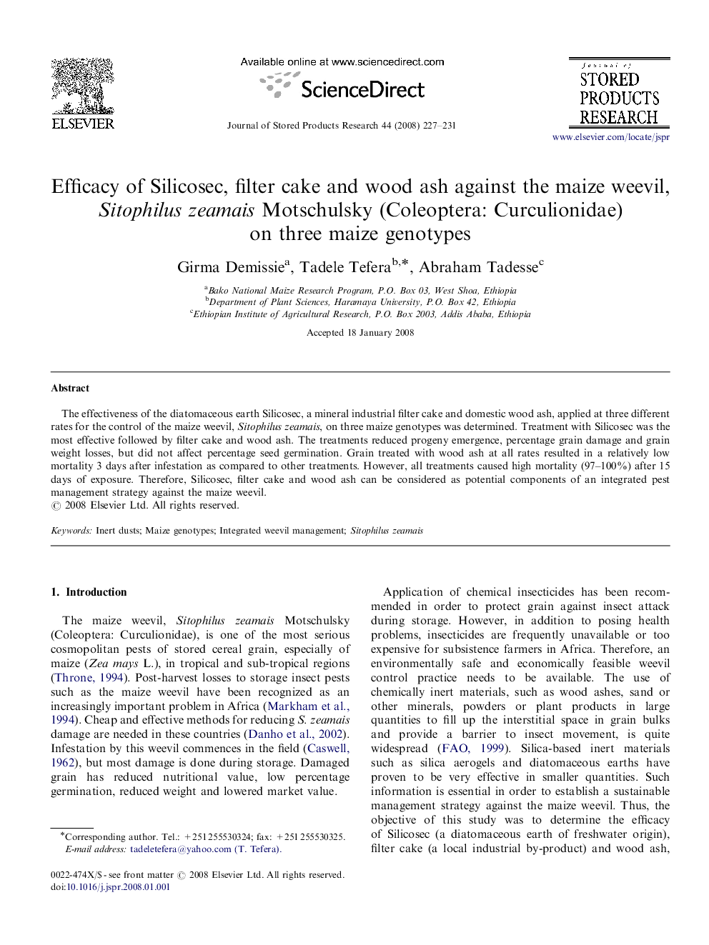 Efficacy of Silicosec, filter cake and wood ash against the maize weevil, Sitophilus zeamais Motschulsky (Coleoptera: Curculionidae) on three maize genotypes