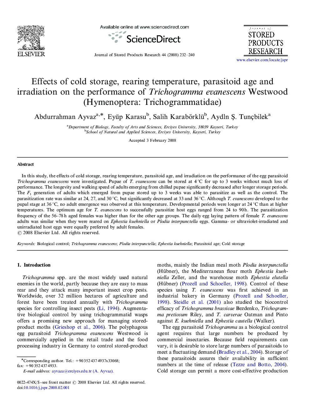 Effects of cold storage, rearing temperature, parasitoid age and irradiation on the performance of Trichogramma evanescens Westwood (Hymenoptera: Trichogrammatidae)