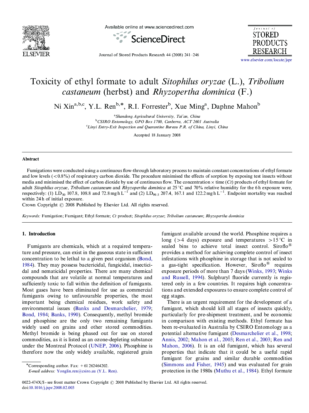 Toxicity of ethyl formate to adult Sitophilus oryzae (L.), Tribolium castaneum (herbst) and Rhyzopertha dominica (F.)