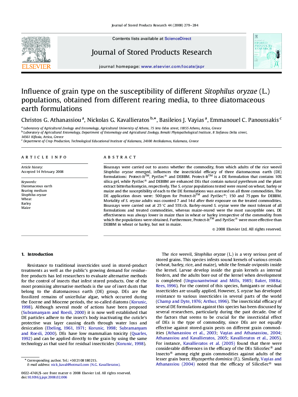 Influence of grain type on the susceptibility of different Sitophilus oryzae (L.) populations, obtained from different rearing media, to three diatomaceous earth formulations