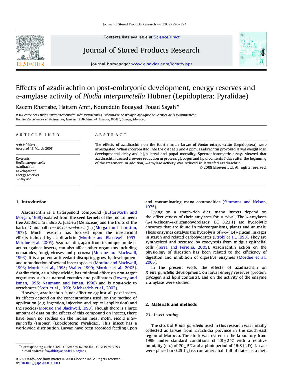 Effects of azadirachtin on post-embryonic development, energy reserves and α-amylase activity of Plodia interpunctella Hübner (Lepidoptera: Pyralidae)