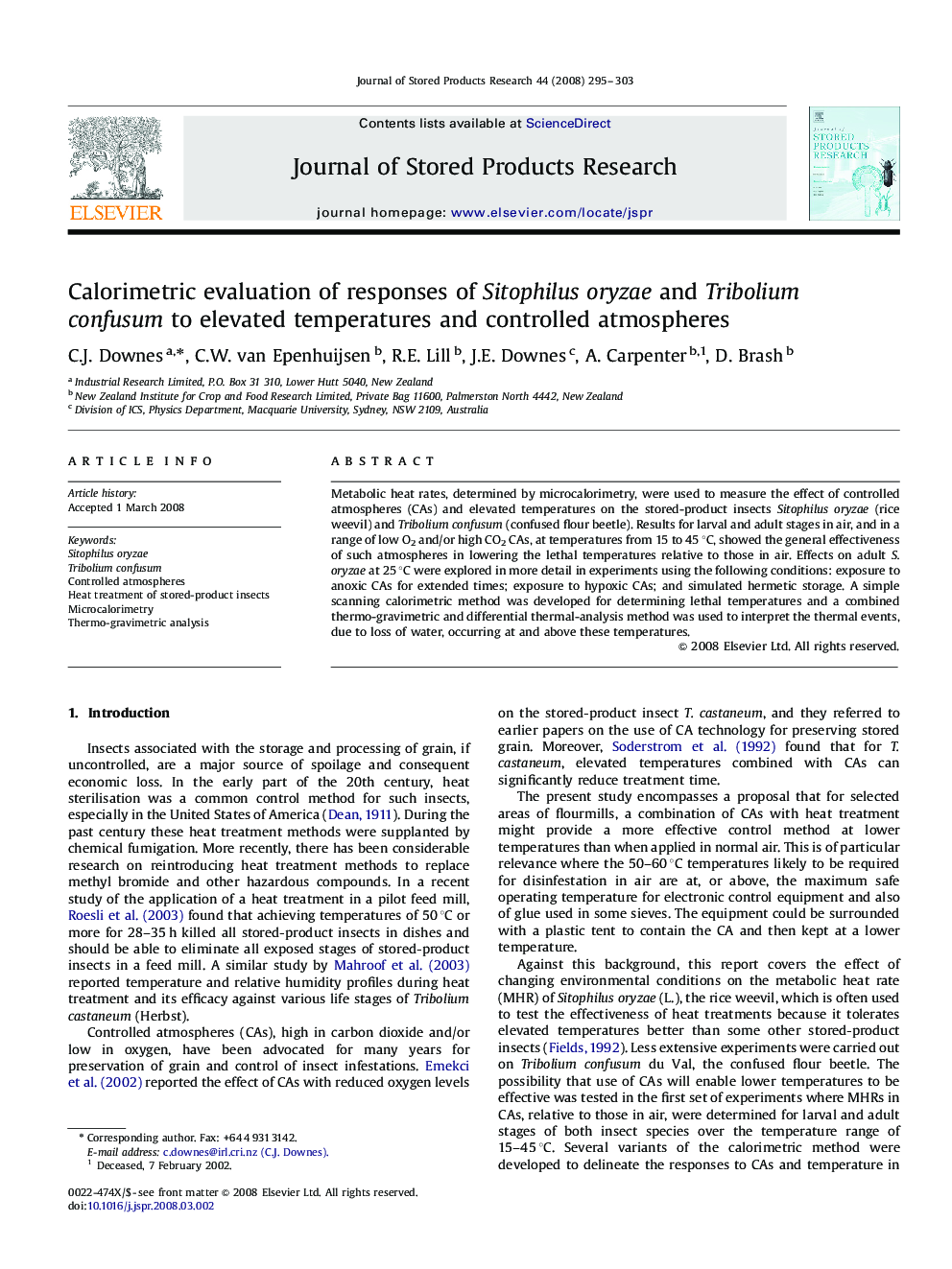 Calorimetric evaluation of responses of Sitophilus oryzae and Tribolium confusum to elevated temperatures and controlled atmospheres