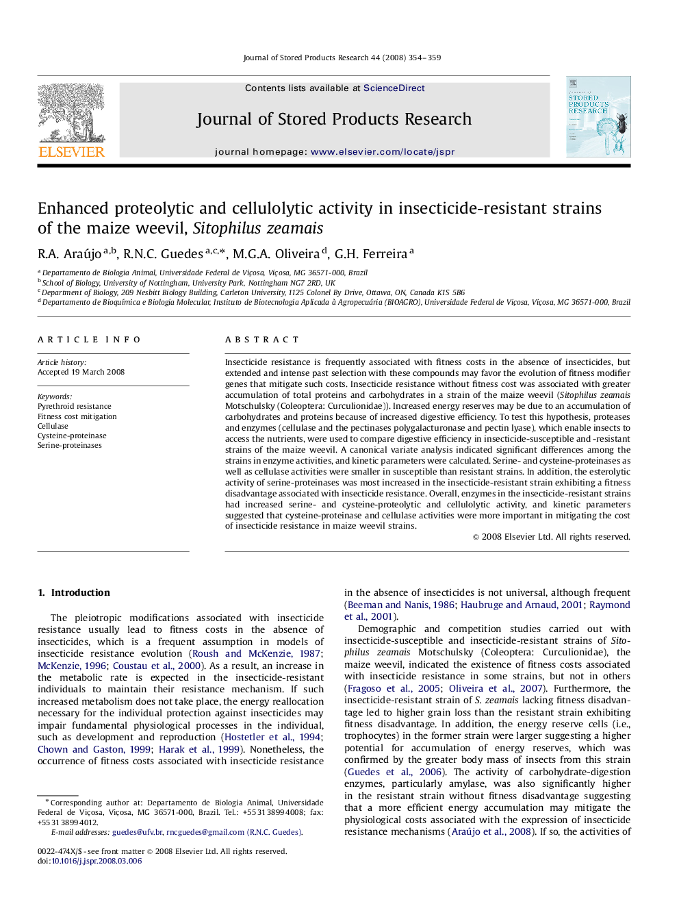 Enhanced proteolytic and cellulolytic activity in insecticide-resistant strains of the maize weevil, Sitophilus zeamais