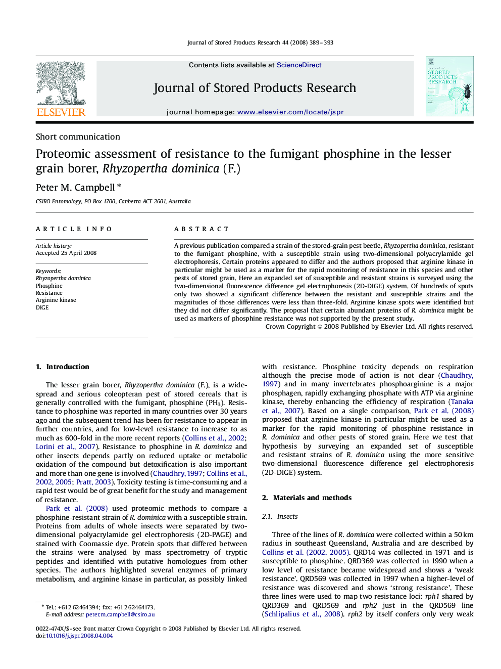 Proteomic assessment of resistance to the fumigant phosphine in the lesser grain borer, Rhyzopertha dominica (F.)