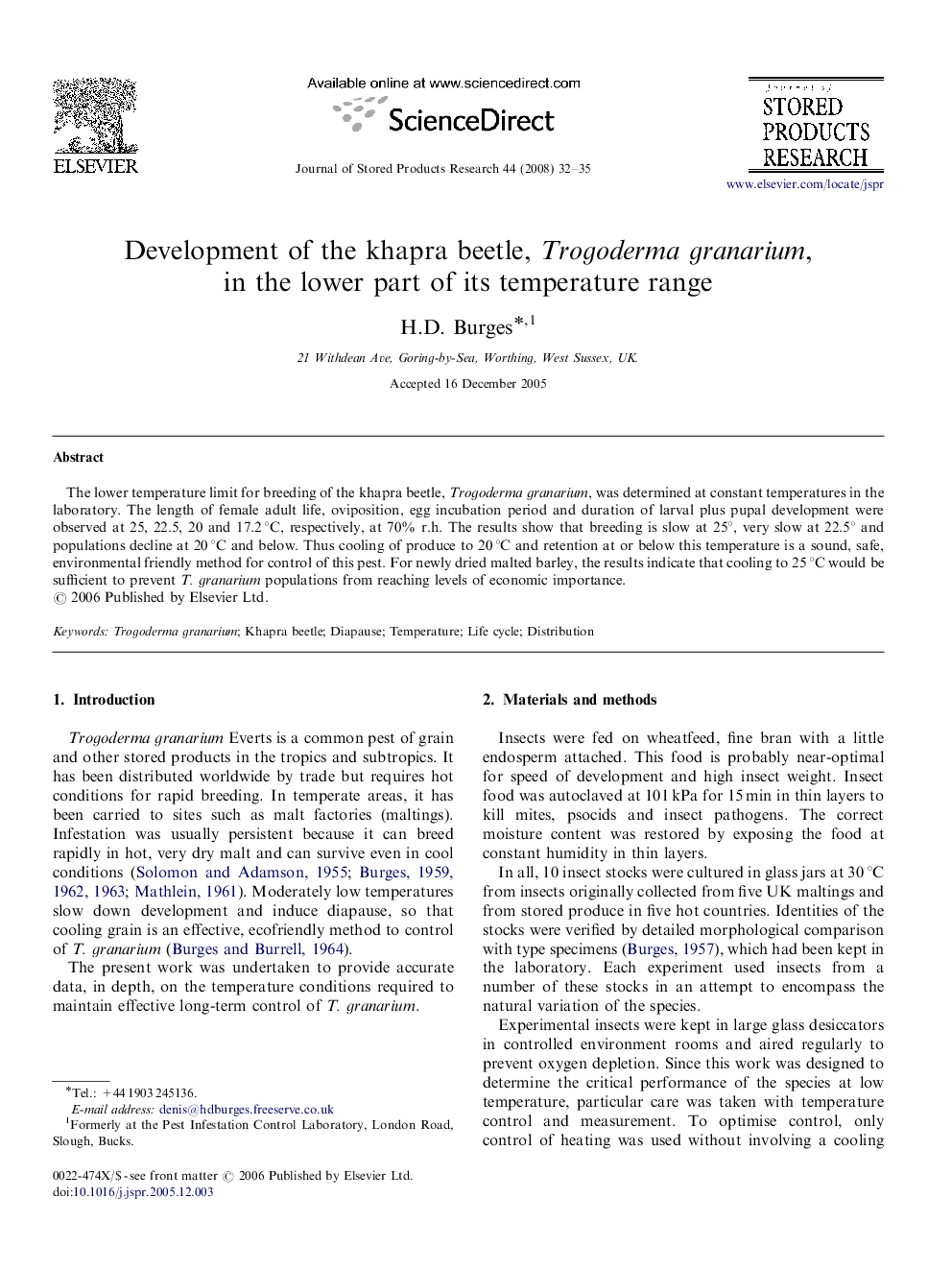 Development of the khapra beetle, Trogoderma granarium, in the lower part of its temperature range