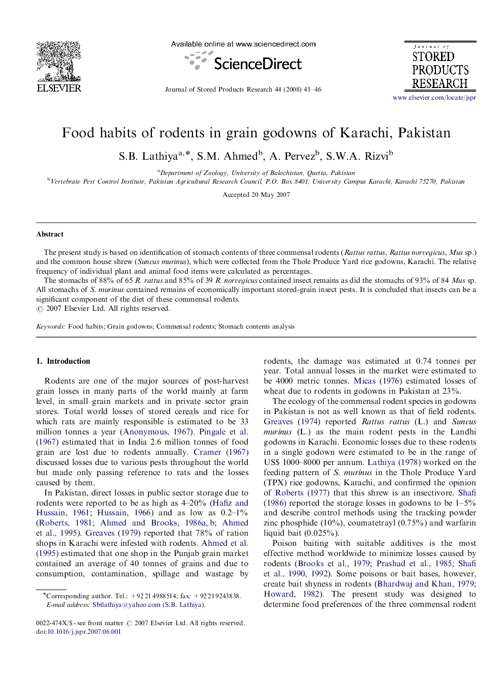 Food habits of rodents in grain godowns of Karachi, Pakistan