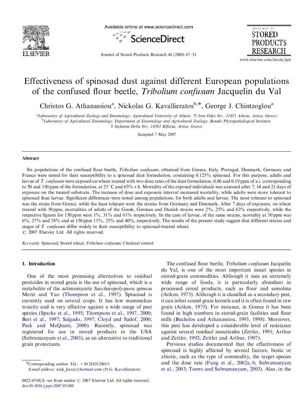 Effectiveness of spinosad dust against different European populations of the confused flour beetle, Tribolium confusum Jacquelin du Val