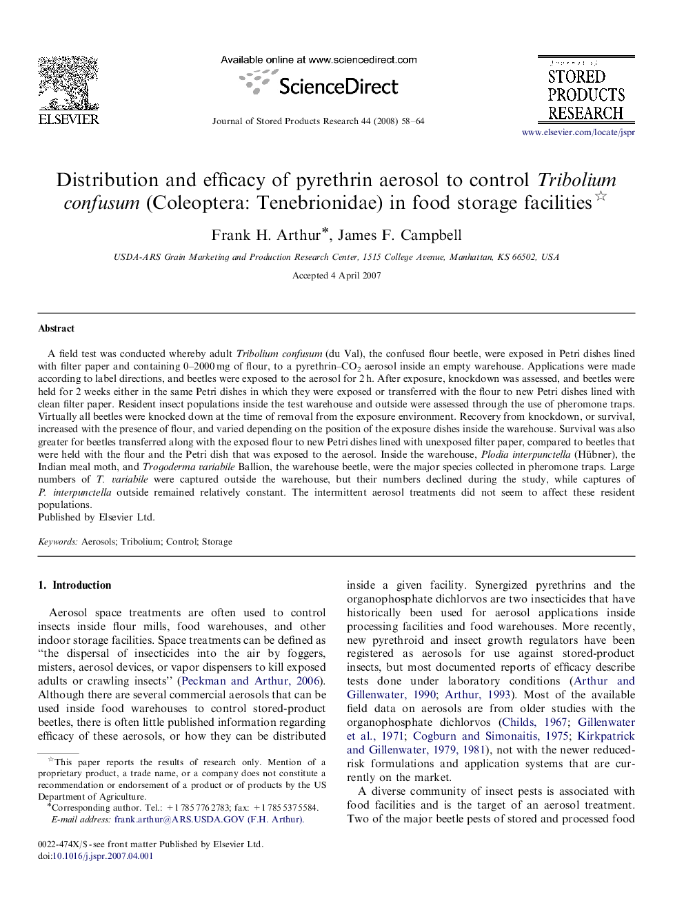 Distribution and efficacy of pyrethrin aerosol to control Tribolium confusum (Coleoptera: Tenebrionidae) in food storage facilities 