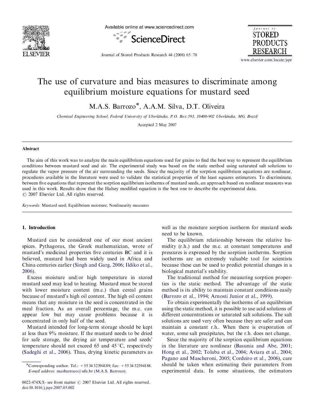 The use of curvature and bias measures to discriminate among equilibrium moisture equations for mustard seed