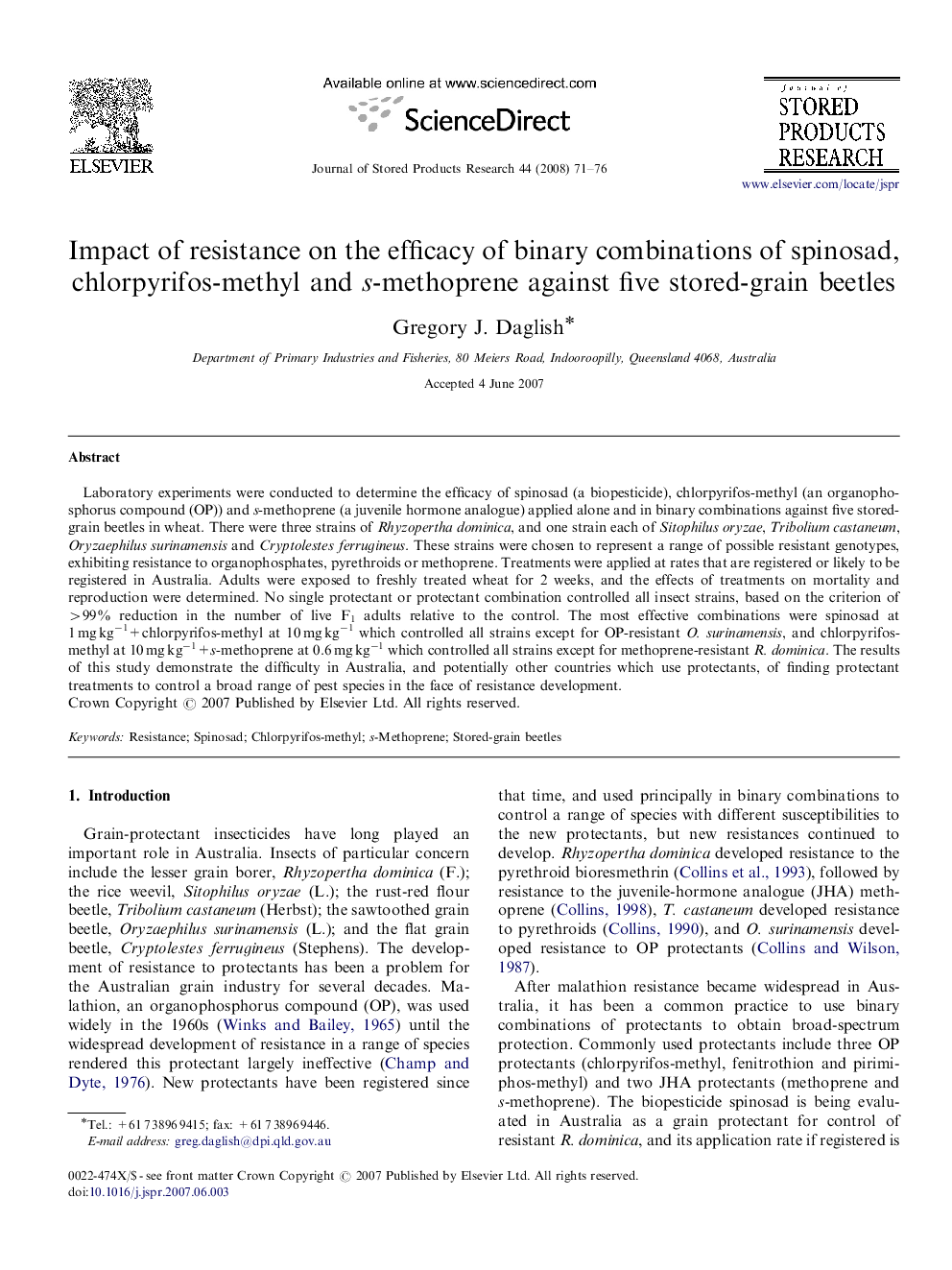 Impact of resistance on the efficacy of binary combinations of spinosad, chlorpyrifos-methyl and s-methoprene against five stored-grain beetles