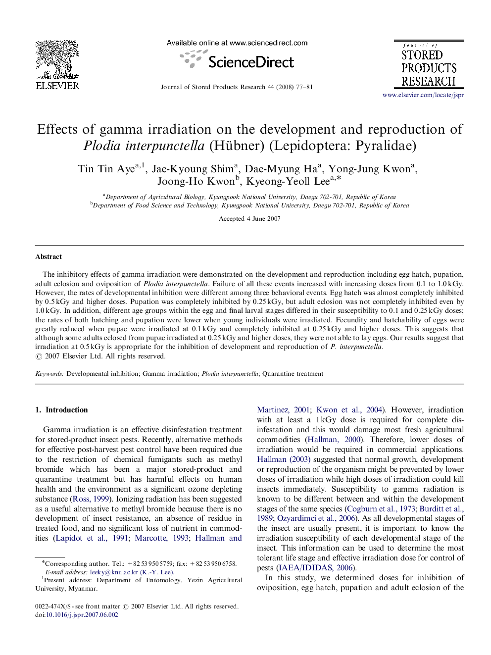 Effects of gamma irradiation on the development and reproduction of Plodia interpunctella (Hübner) (Lepidoptera: Pyralidae)