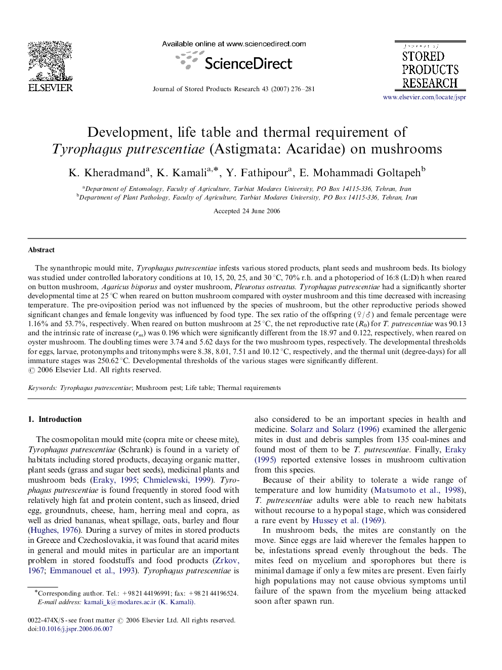 Development, life table and thermal requirement of Tyrophagus putrescentiae (Astigmata: Acaridae) on mushrooms