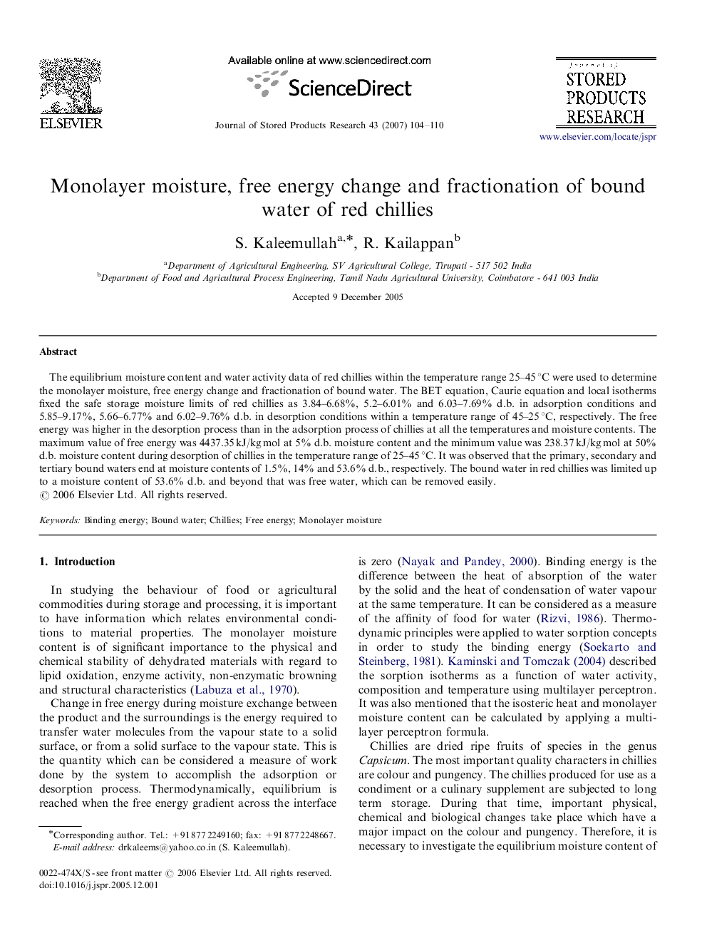 Monolayer moisture, free energy change and fractionation of bound water of red chillies